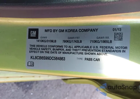 2013 Chevrolet Spark Ls Auto из США, поврежденный, VIN KL8CB6S99DC564863